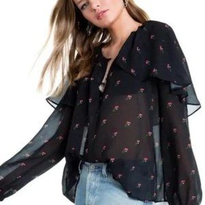 NWT Wildfox Sheer Black and Rose Print with Overlay Collar Peasant Blouse Top